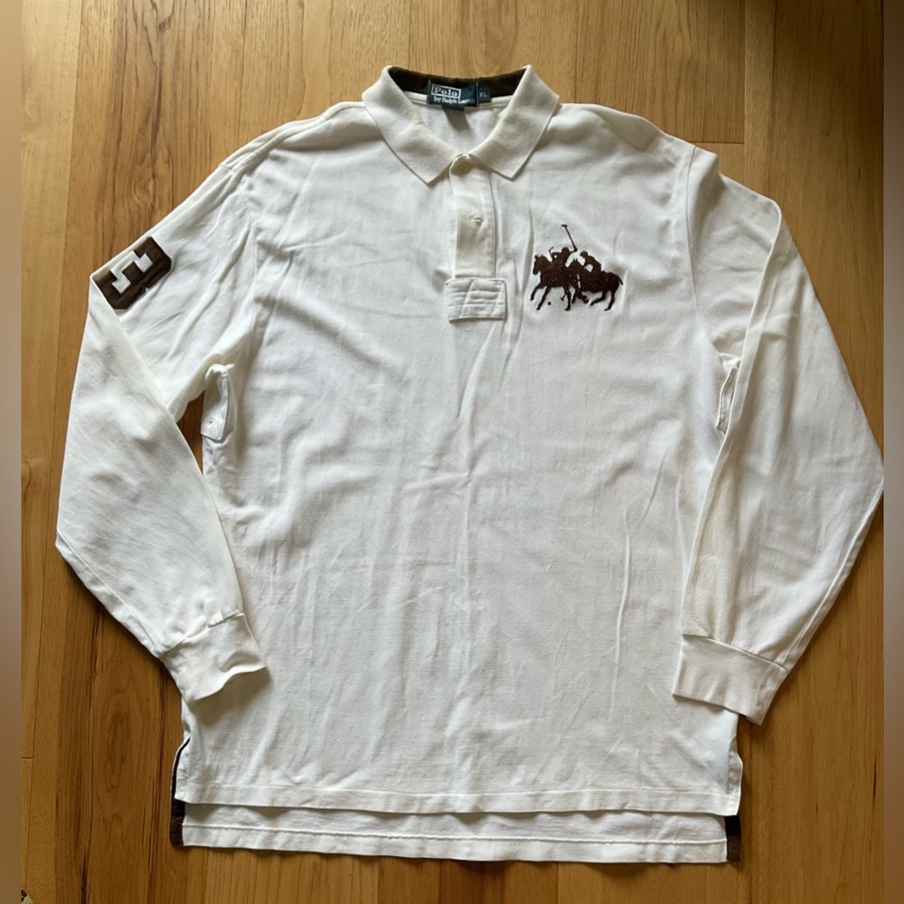 Ralph Lauren Creme Long Sleeve Polo with Brown Accents, Size XL